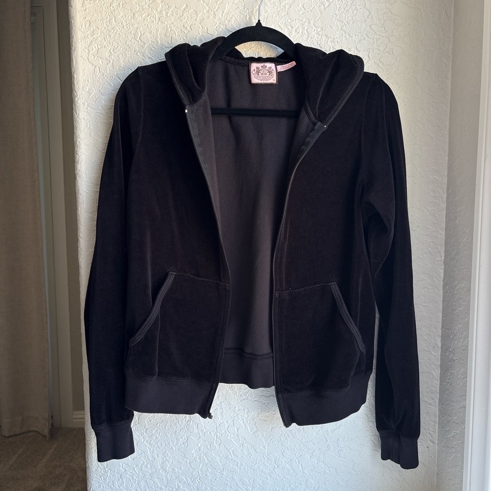 Juicy Couture Velour Women XL Hoodie Black Zip Up Y2K Pocket